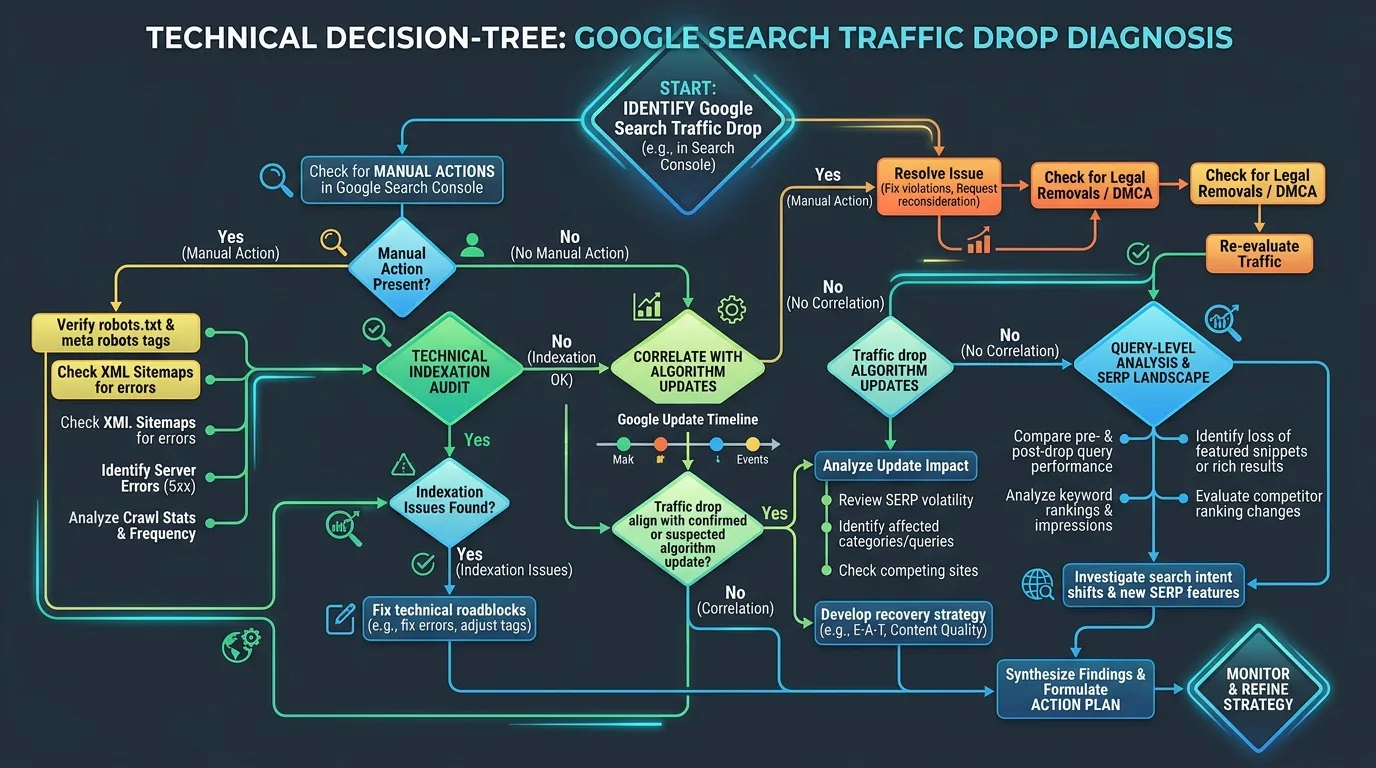 Technical Decision Tree Flowchart for Diagnosing Google Search Traffic Drops