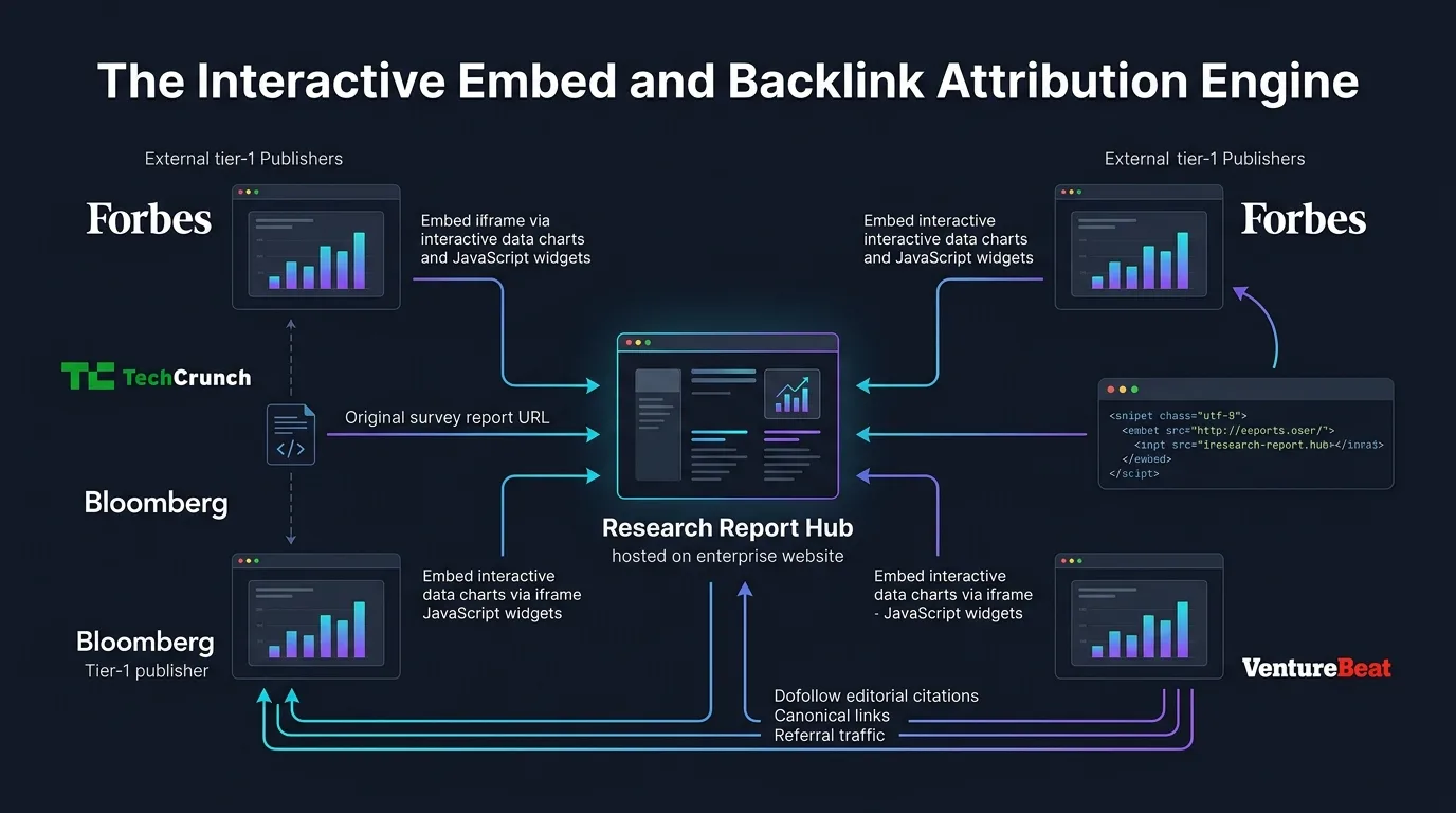 Interactive embed architecture for digital PR media distribution showing embed code generators and CDN asset routing