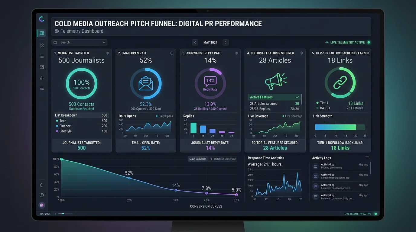Journalist outreach funnel telemetry displaying open rates, response rates, and editorial publication velocity