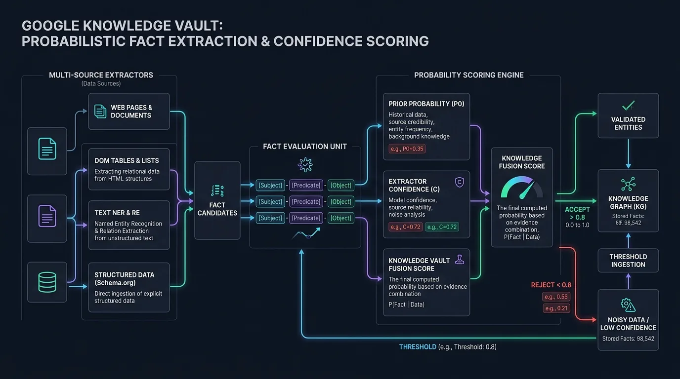 Knowledge Vault confidence score distribution chart displaying threshold gates for YMYL and technical content