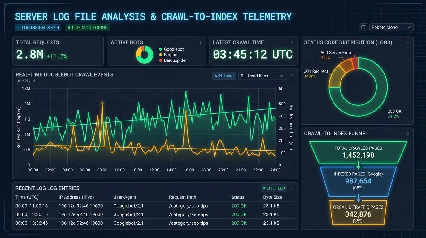 Log file crawl funnel showing Googlebot request processing through origin web server log telemetry