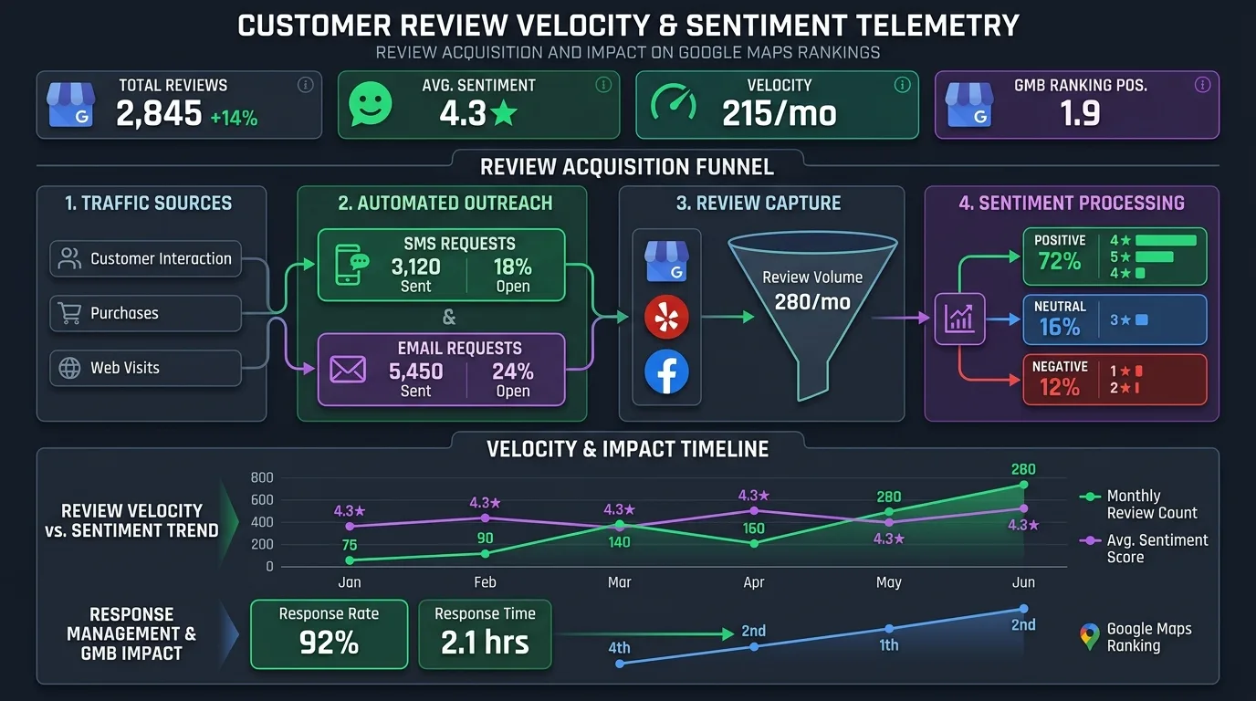 Local SEO review velocity and sentiment curve showing ranking gains as category keywords appear in customer feedback