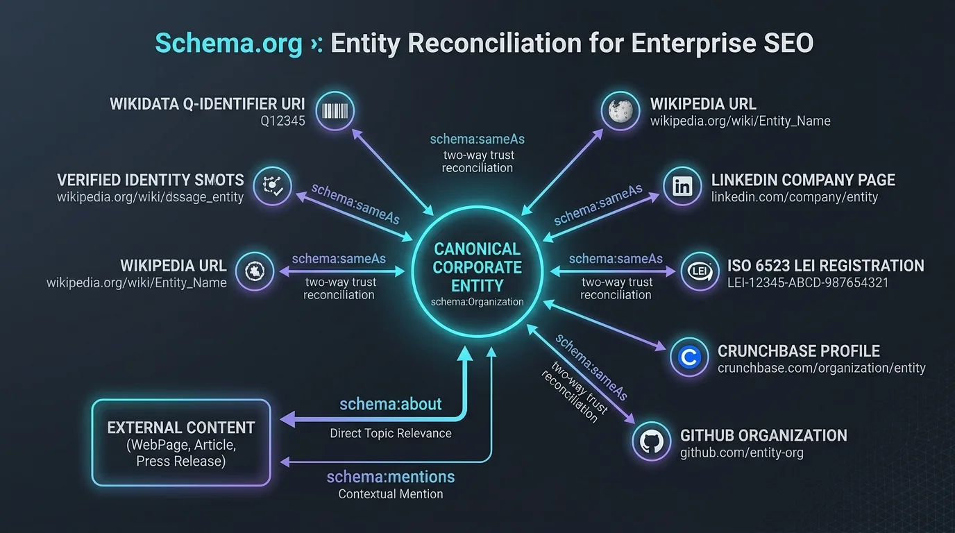 Schema.org Entity Reconciliation and sameAs Graph Topology