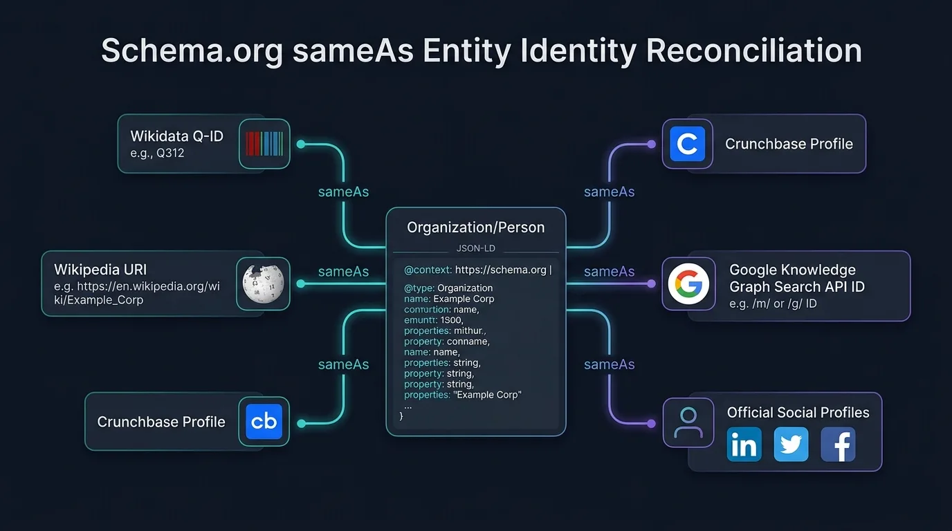 Schema.org sameAs Entity Identity Reconciliation with Wikidata