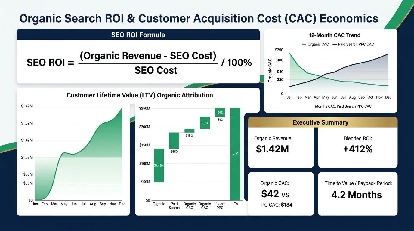 Executive SEO ROI Calculation and Customer Acquisition Cost CAC Economics Dashboard