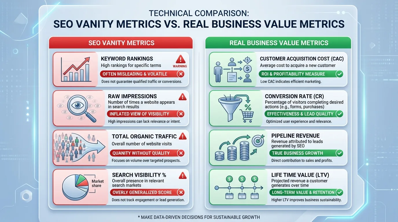 Technical Comparison: SEO Vanity Metrics vs Real Business Value Metrics