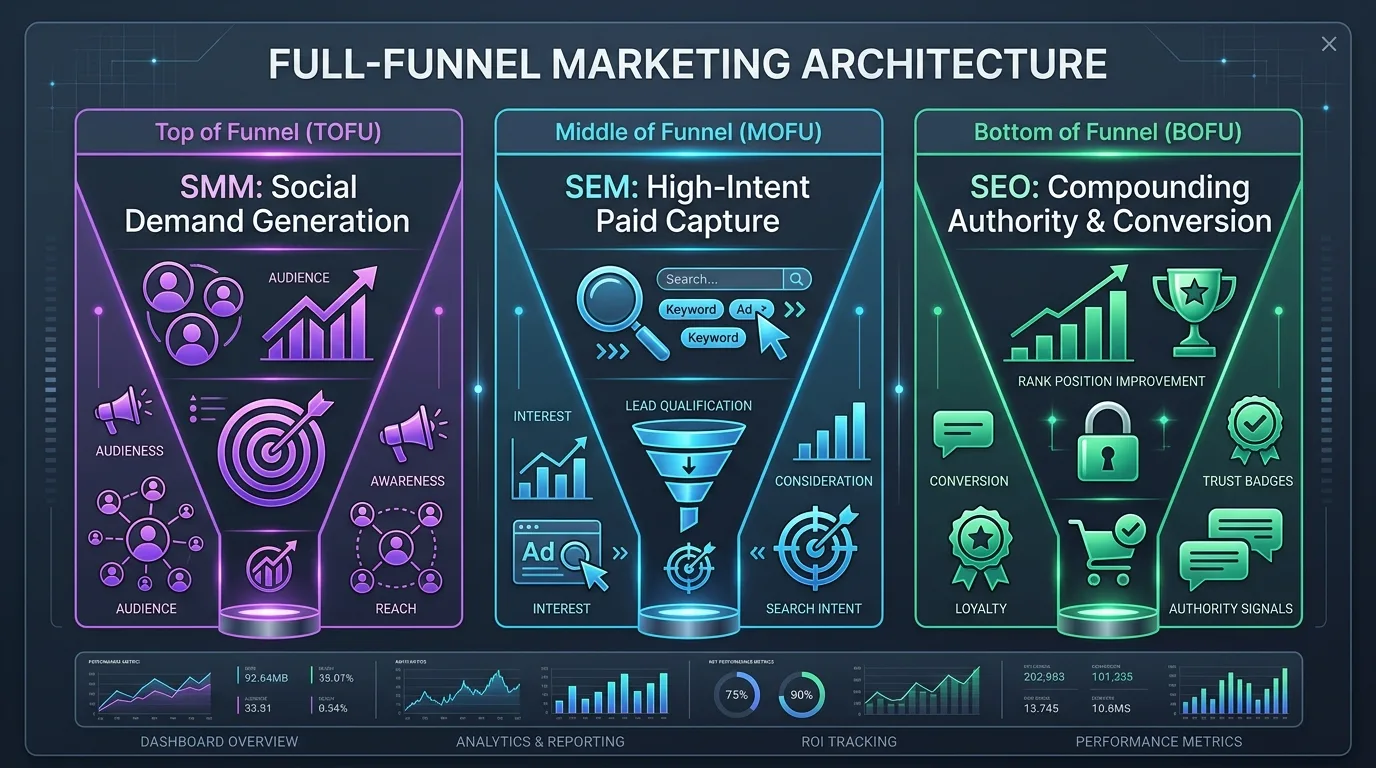 Search intent conversion funnel displaying query progression from broad informational awareness to bottom of funnel transactions