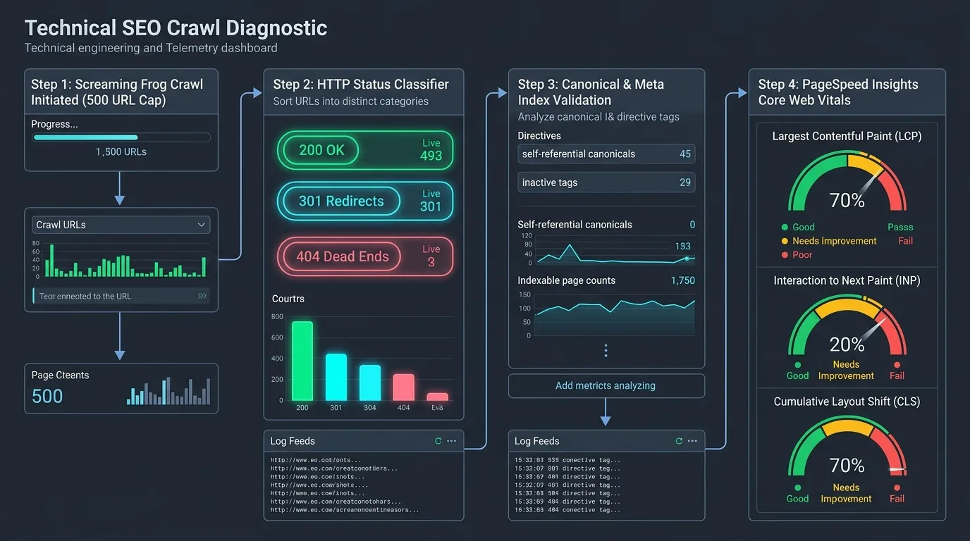 Technical crawl diagnostic telemetry displaying HTTP response code distributions across 2xx, 3xx, 4xx, and 5xx buckets